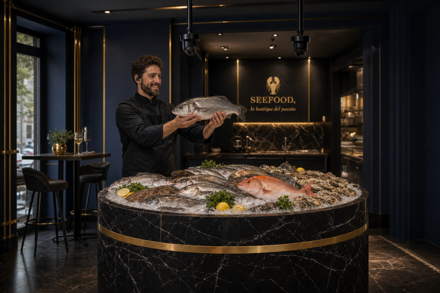 Live Counter: cam a soffitto sul banco circolare, commerciale mostra il pesce