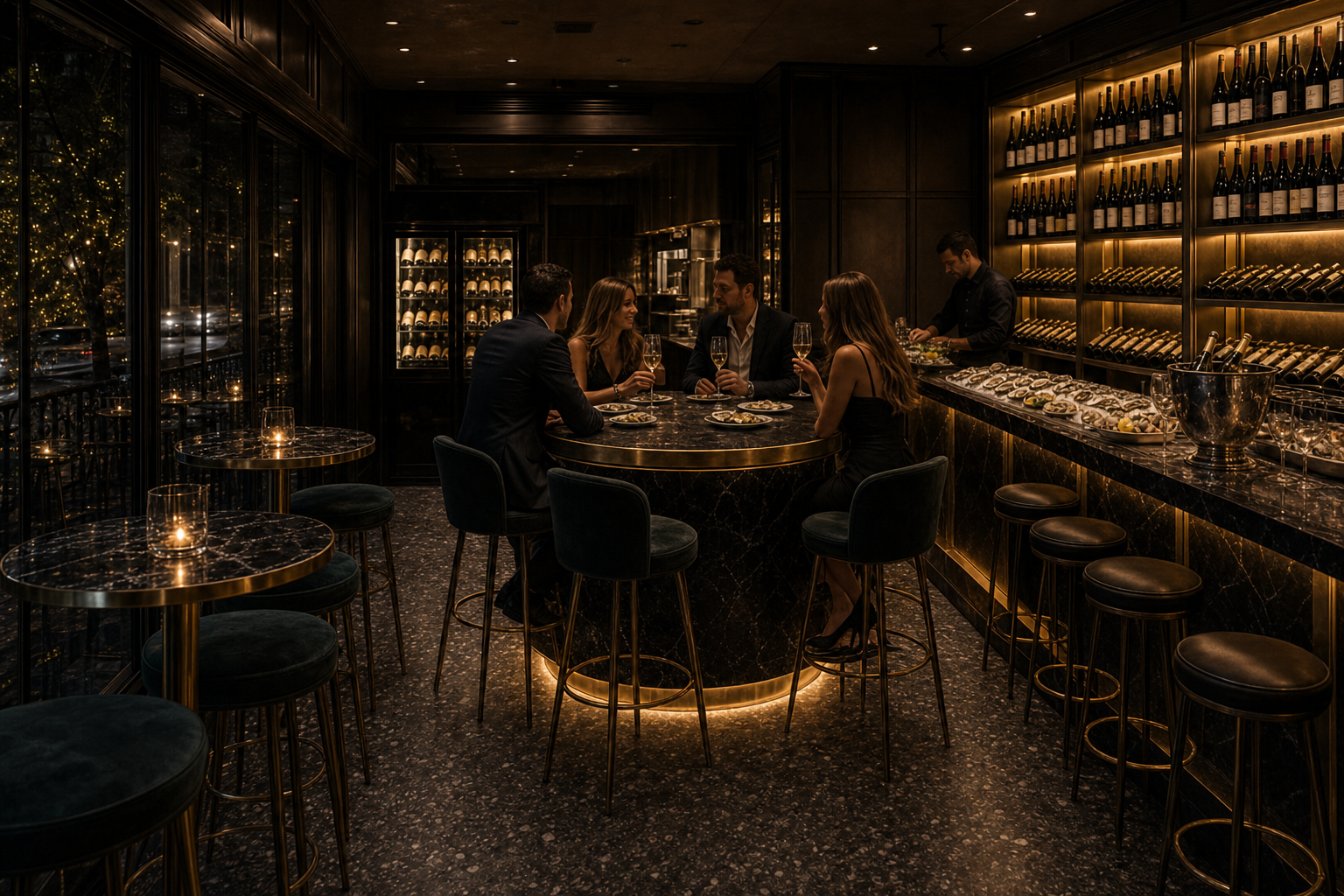 Sera: banco circolare con top per sedute clienti, mini raw bar e bollicine